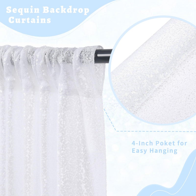 B.Cool B-COOL White Backdrop Sequin Curtains 2 Pieces 2FTx8FT Backdrop Curtain Sparkly Photo Backdrop for Birthday Party Wedding Backdrop Drapes - Image 3